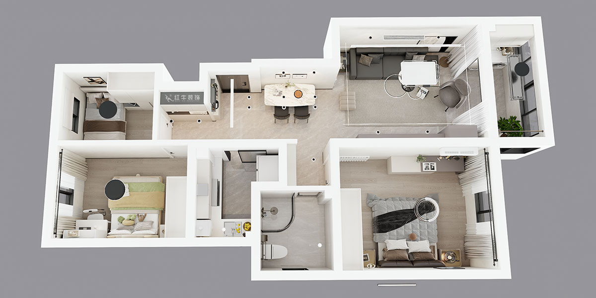 蔣琛｜白云雅居21-202-88㎡-現(xiàn)代簡(jiǎn)約風(fēng)格｜3室2廳1衛(wèi)｜新房裝修｜定制家｜全包11萬｜00_04鳥瞰圖