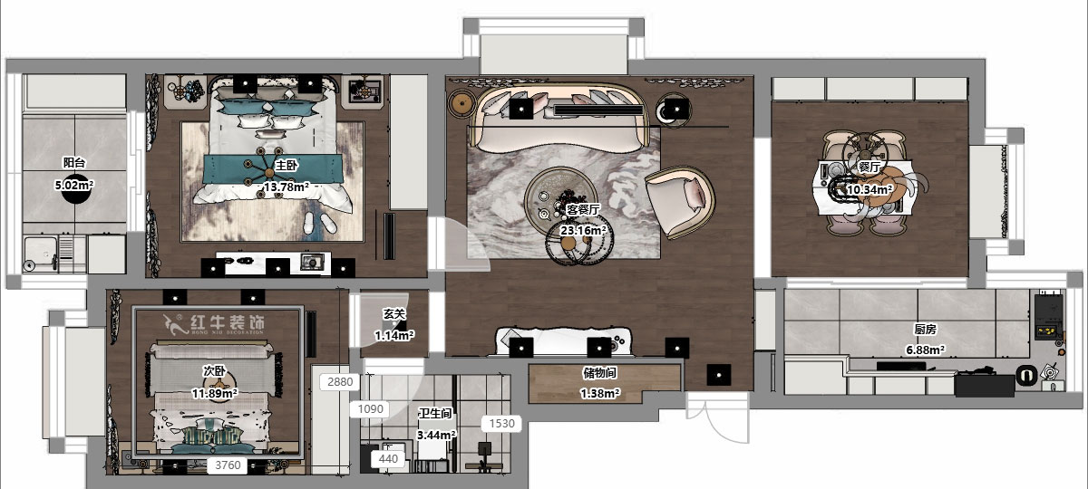 吳波|后宰門東村82號院1-801-95㎡-歐式風格|3室2廳1衛(wèi)|舊房裝修|定制家|全包12萬|00_03平面彩圖