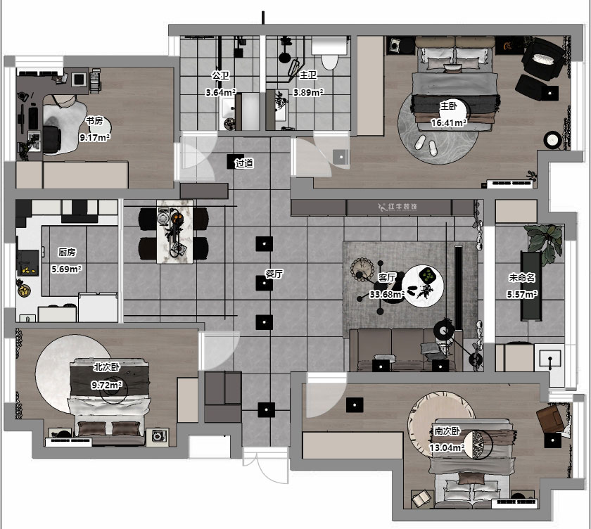 孟憲濤|融創(chuàng)臻園15-1005-120㎡-簡(jiǎn)約風(fēng)格|4室2廳2衛(wèi)|新房裝修|定制家|全包16萬(wàn)|00_03平面彩圖