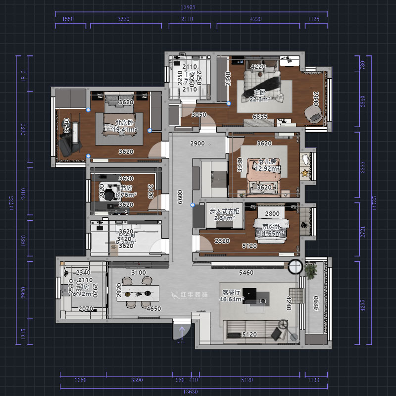 熊皓宇|翠屏東南-180㎡-現代風格|5室2廳2衛(wèi)|新房裝修|定制家|全包|00_01平面彩圖