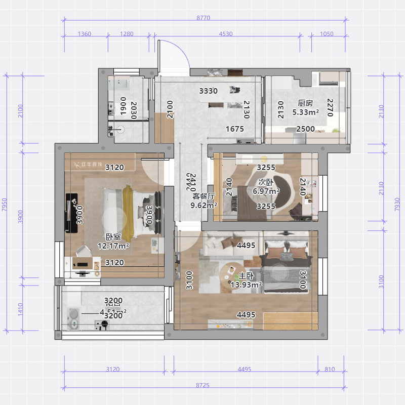 蔣?。少t街92號院9-301-68㎡-現(xiàn)代簡約風格｜3室1廳1衛(wèi)｜老房裝修｜定制家｜全包10萬｜00_03平面彩圖